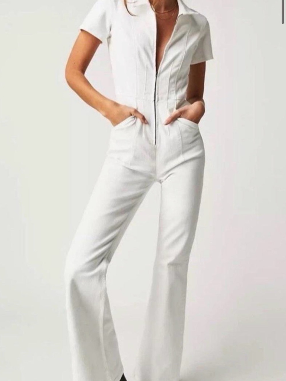 Free People White Short-Sleeve Zip Jumpsuit